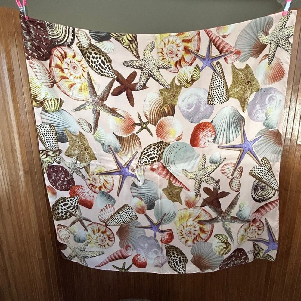 Vintage Echo Sea Life Silk Scarf Pink Shells Starfish Large Square - Picture 2 of 5